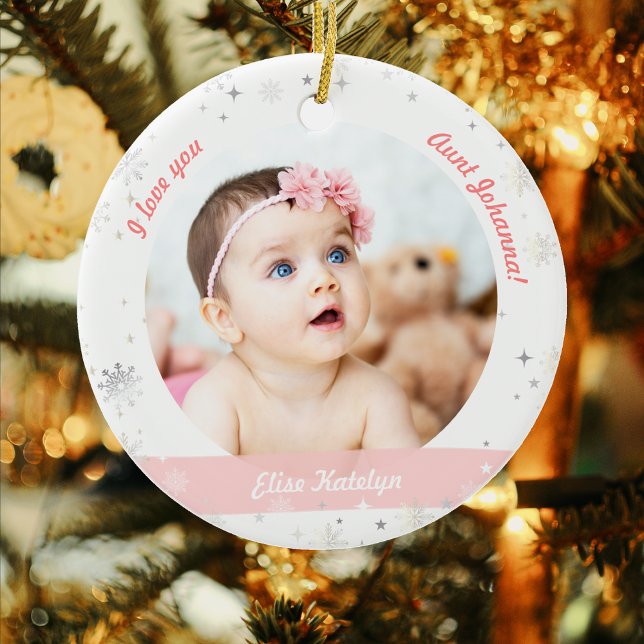 Modern 2 Photos Baby Girl First Christmas Aunt Ceramic Ornament (Elegant Cute Modern My First Christmas Baby Girl I love you Aunt Year 2 Photos Snowflakes Stars)