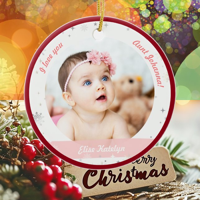 Modern 2 Photos Baby Girl First Christmas Aunt Ceramic Ornament (Modern Elegant Cute First Christmas Baby Girl I love you Aunt Auntie Name 2 Photos Snowflakes Stars)