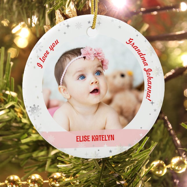 Modern 2 Photos Baby Girl First Christmas Grandma Ceramic Ornament (Modern, Cute I love you, Grandma! First Christmas as Grandmother of Newborn Baby Girl. 2 Photos)