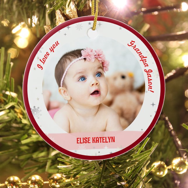Modern 2 Photos Baby Girl First Christmas Grandpa Ceramic Ornament (Cute Modern Elegant Personalized First Christmas Baby We love you Grandpa Twin Girls 2 Photos Snow)