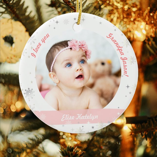 Modern 2 Photos Baby Girl First Christmas Grandpa Ceramic Ornament (Elegant Cute Modern My First Christmas Baby I love you Grandpa Grandfather 2 Photos Snowflakes Stars)