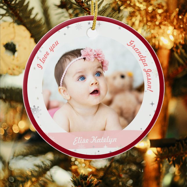 Modern 2 Photos Baby Girl First Christmas Grandpa Ceramic Ornament (Modern Elegant Cute My First Christmas Baby Girl I love you Grandpa Name 2 Photos Snowflakes Stars)