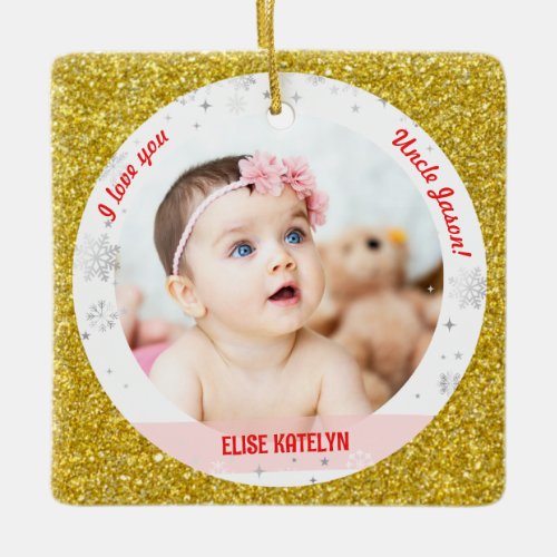 Modern 2 Photos Baby Girl First Christmas Uncle Ceramic Ornament