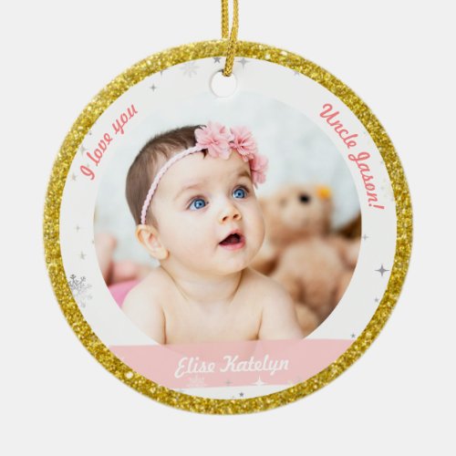 Modern 2 Photos Baby Girl First Christmas Uncle Ceramic Ornament