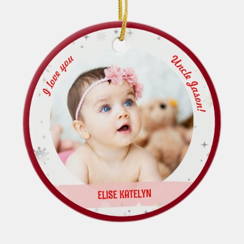 Modern 2 Photos Baby Girl First Christmas Uncle Ceramic Ornament