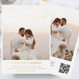 Modern 2 Photos & Chic Script QR Code Wedding Real Foil Invitation