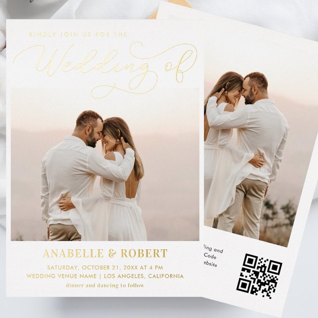 Modern 2 Photos & Chic Script QR Code Wedding Real Foil Invitation (Creator Uploaded)