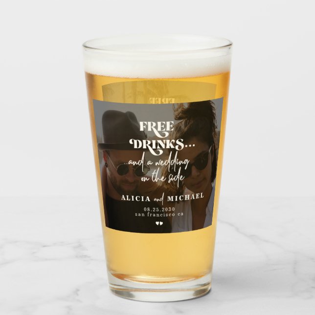 Modern 2 photos free drinks wedding save the date glass (Front Filled)