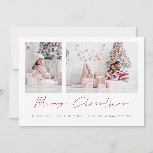 Modern 2 Photos Handwriting Script Merry Christmas Holiday Card (Front)