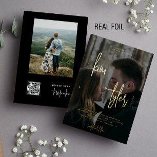 Modern 2 photos QR CODE rose gold script wedding Foil Invitation
