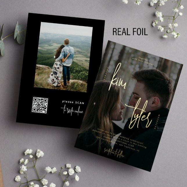 Modern 2 photos QR CODE rose gold script wedding Foil Invitation (Creator Uploaded)