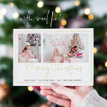 Modern 2 Photos Script Merry Christmas Foil Holiday Card<br><div class="desc">Modern 2 Photos Script Merry Christmas. A touch of real foil for your festive wishes in either gold, silver or rose gold for this minimalist design. Merry Christmas is in a stylish set script, and easily personalise with your name and greeting and replace the two sample images with your own....</div>