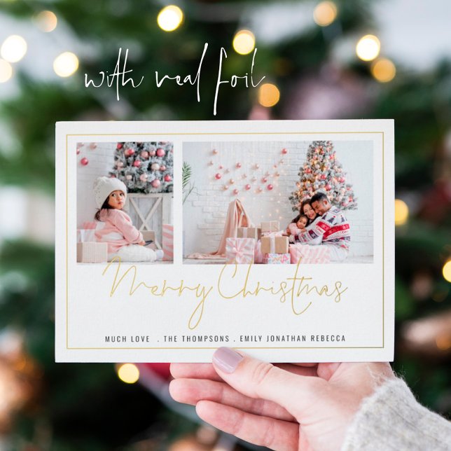 Modern 2 Photos Script Merry Christmas Foil Holiday Card (Creator Uploaded)