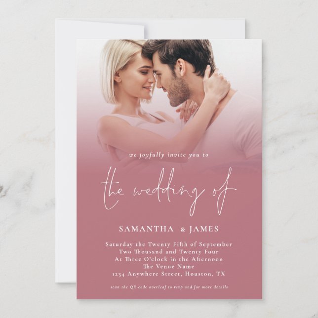 Modern 2 Photos Script QR Rose Gold Wedding  Invitation (Front)