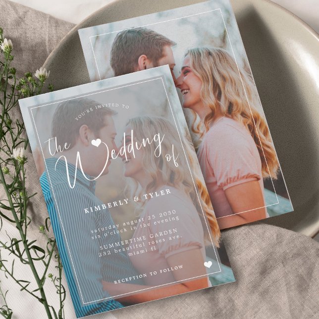 Modern 2 photos white overlay chic wedding  invitation (Creator Uploaded)