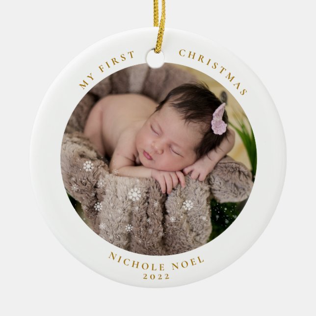 Modern 2-sided My First Christmas Snowflake Photo Ceramic Ornament (Front)
