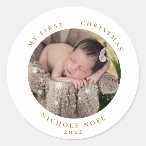 Modern 2_sided My First Christmas Snowflake Photo  Classic Round Sticker
