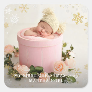 Modern 2-sided My First Christmas Snowflake Photo Square Sticker