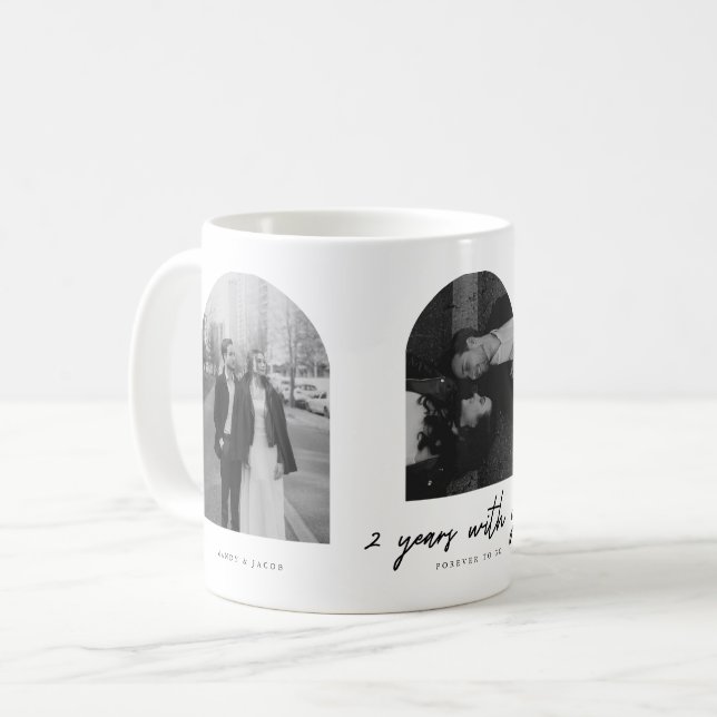 Modern 2 Year Anniversary Couple Photo Arch Coffee Mug (Front Left)