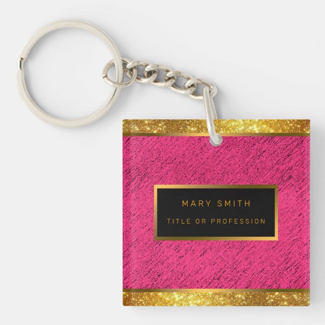 Modern 2in1 Gold Glitter Pink Business Card & Keychain (Front)