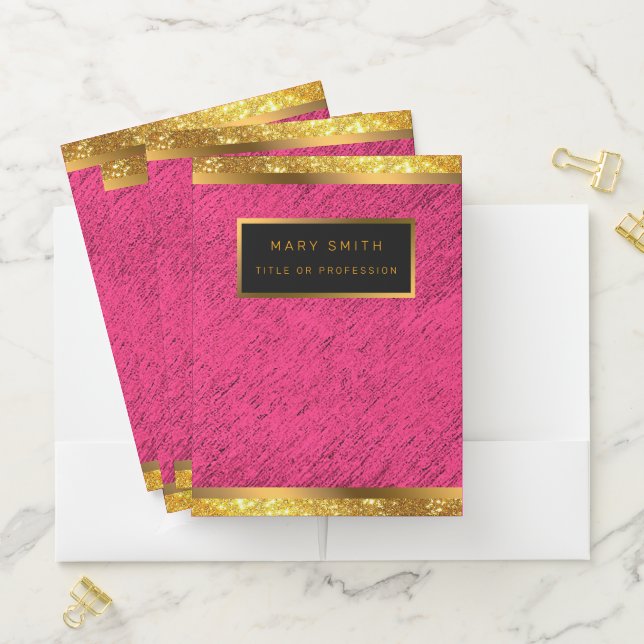Modern 2in1 Gold Glitter Pink Business Card & Pocket Folder (In Situ)