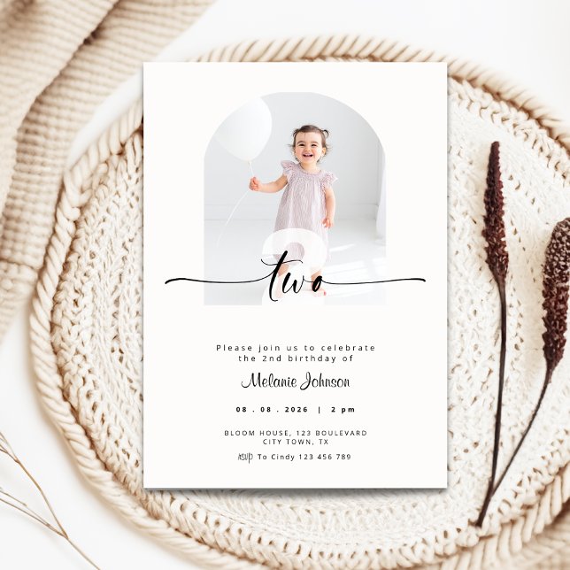 Modern 2nd Birthday Invitation Photo Cream (2nd birthday invitation with photo and cream color background)