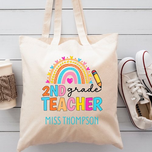 Modern 2nd Grade Rainbow Teacher  Personalized   Tote Bag