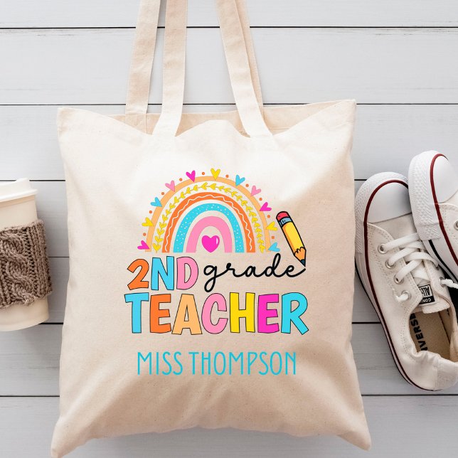 Modern 2nd Grade Rainbow Teacher  Personalized   Tote Bag (Creator Uploaded)