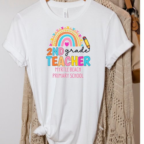 Modern 2nd Grade Rainbow Teacher  School Name  T_Shirt