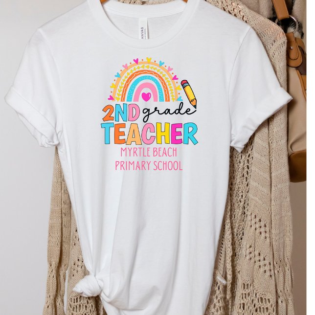 Modern 2nd Grade Rainbow Teacher  School Name  T-Shirt (Creator Uploaded)