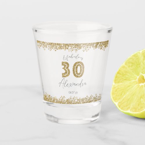 Modern 30 and Fabulous Gold Gitter Personalized Shot Glass