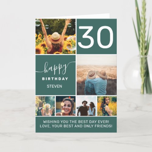 Modern 30 birthday emerald green 6 photo collage card