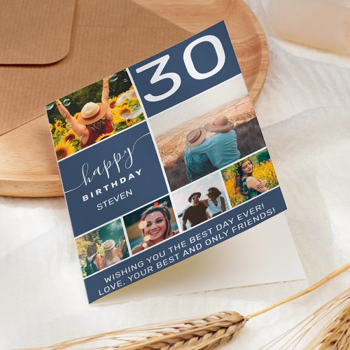 Modern 30 birthday navy blue 6 photo collage card