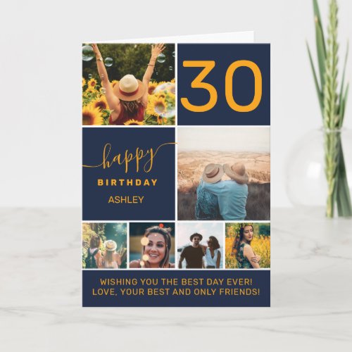 Modern 30 birthday orange blue 6 photo collage card