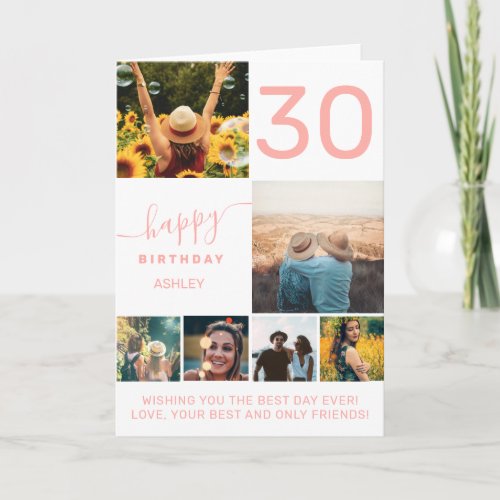 Modern 30 birthday pink coral 6 photo collage card