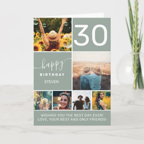 Modern 30 birthday sage green 6 photos card