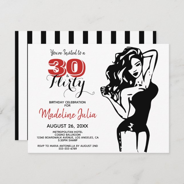 Modern 30 & FLIRTY 30th Birthday Black & Red Invit Invitation (Front/Back)