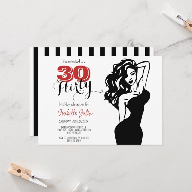 Modern 30 & FLIRTY 30th Birthday Black & Red Invitation (Front/Back In Situ)