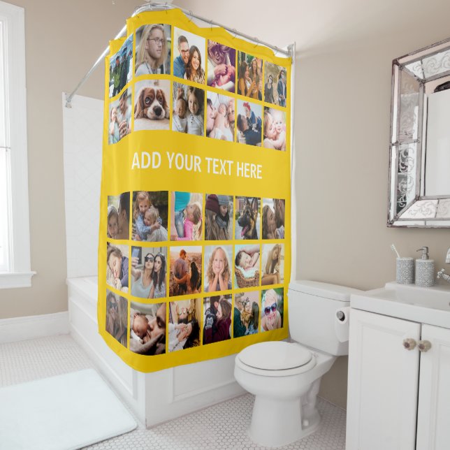 Modern 30 Photo Collage Yellow Shower Curtain (In Situ)