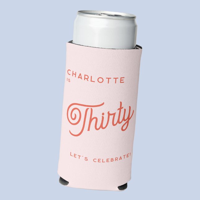 Modern 30 Thirty Birthday Seltzer Can Cooler (30th thirtieth birthday personalized custom name and text blush pink modern seltzer can cooler)