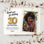 Modern 30th Adult Birthday Photo Thank You Card<br><div class="desc">Elegant thirtieth birthday party thank you cards featuring a simple white background that can be changed to any color,  a photo of the birthday girl / boy,  gold sparkly glitter,  thirty gold hellium balloons,  and a modern thank you template that is easy to personalize.</div>