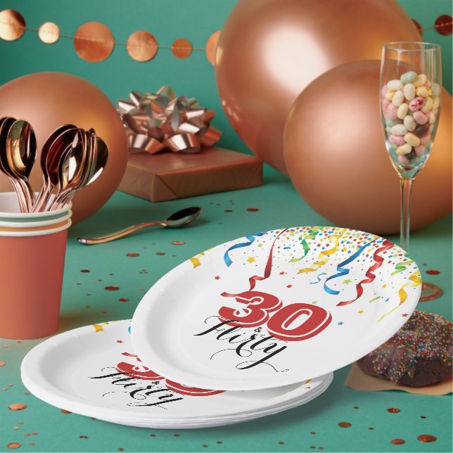 Modern 30th Birthday 30 & FLIRTY Festive Paper Plates (Multi)