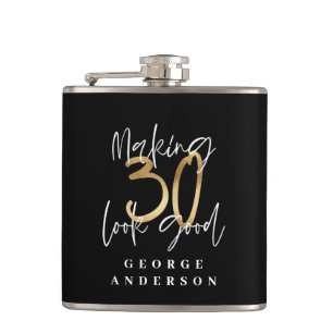 Modern 30th birthday black and gold flask