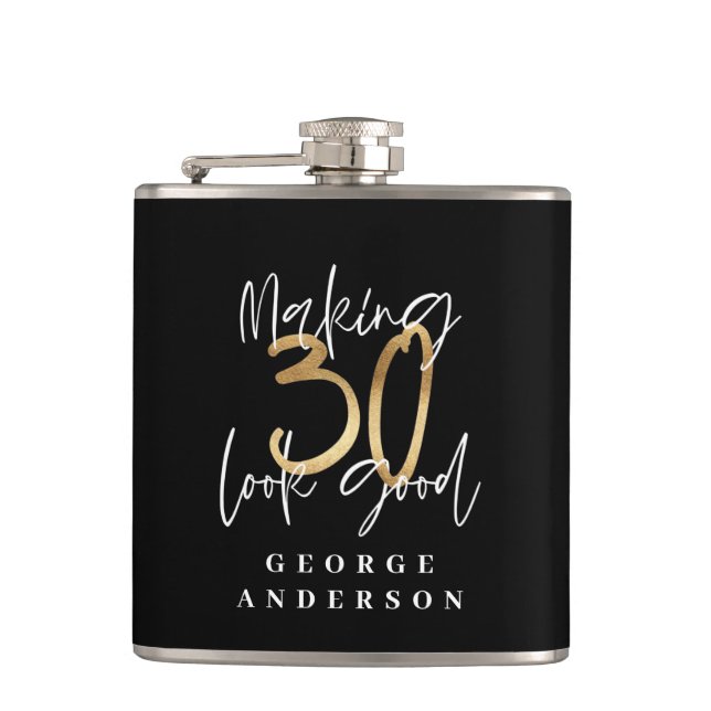 Modern 30th birthday black and gold flask (Front)
