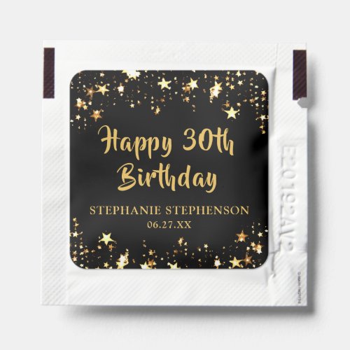 Modern 30th Birthday Black Gold Stars Favor Hand Sanitizer Packet - Celebrate any birthday with your personalized message (the sample text says HAPPY 30th BIRTHDAY along with name and date) to thank guests with these thoughtful party favor gifts designed in an editable black background color and gold text color with gold stars. CHANGES:  Change the colors or text font style by clicking CUSTOMIZE FURTHER. Contact the designer via Zazzle Chat or makeitaboutyoustore@gmail.com if you'd like this design modified, on another product or want coordinating items.