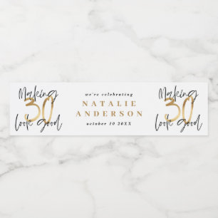 Modern 30th birthday black gold typography water  bottle label
