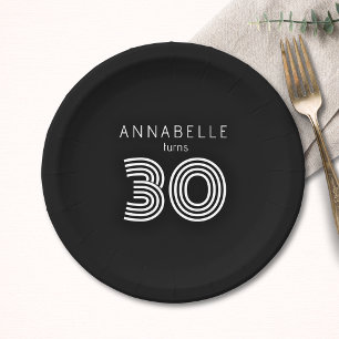 Modern 30th birthday black paper plates