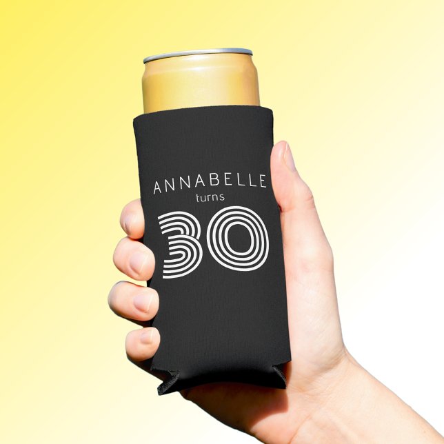 Modern 30th birthday black seltzer can cooler (Creator Uploaded)