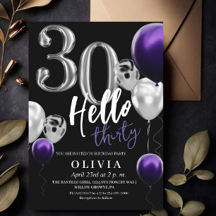 Modern 30th Birthday Black Silver Purple Balloons Invitation