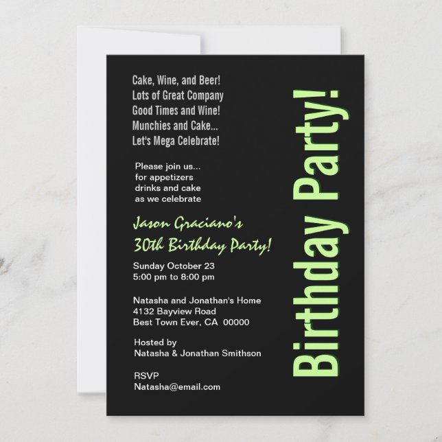 Modern 30th Birthday Black White Lime Green W1820 Invitation (Front)